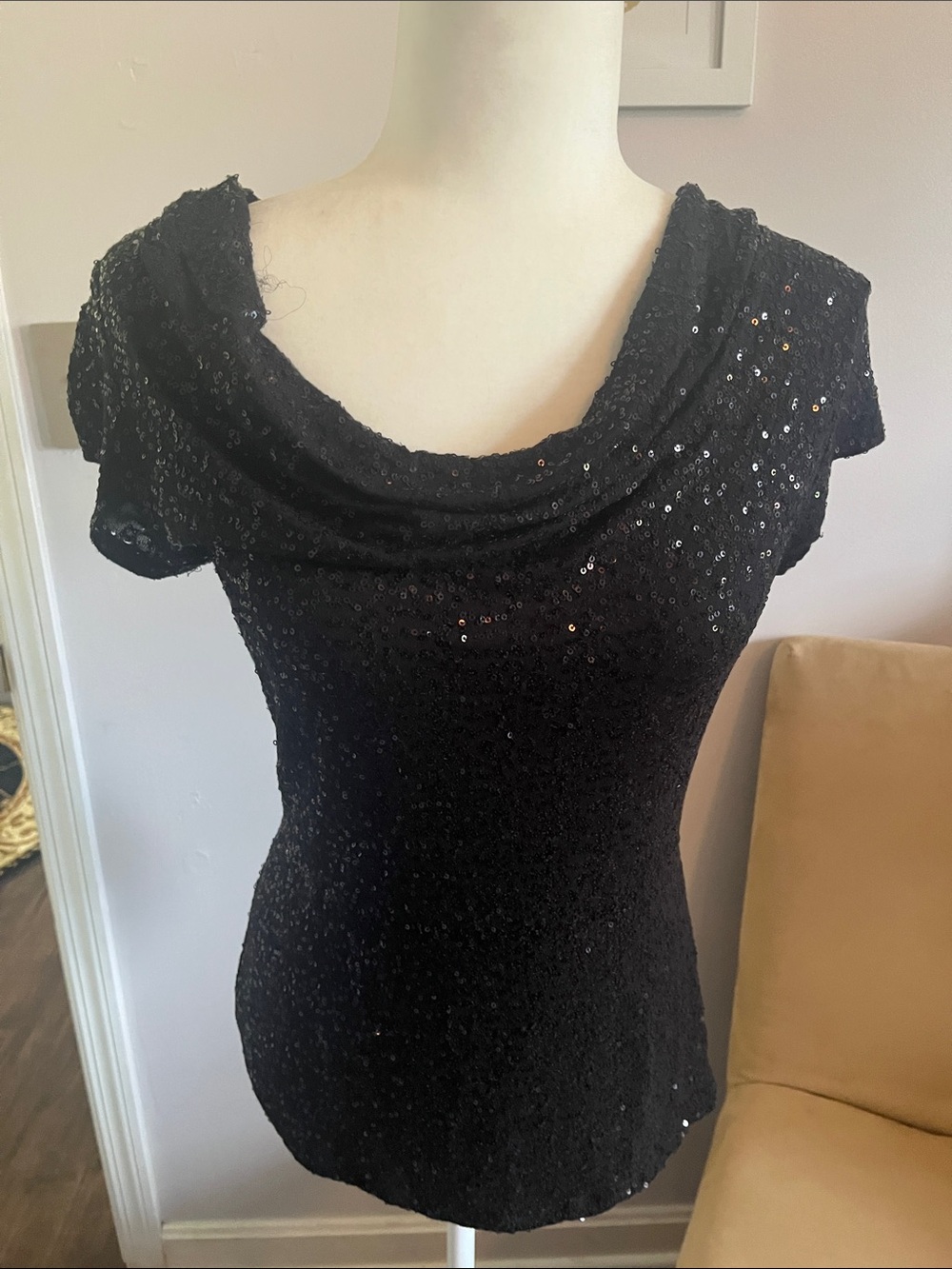 INC International Concepts Black Sequin Cowl Neck Short Sleeve Top